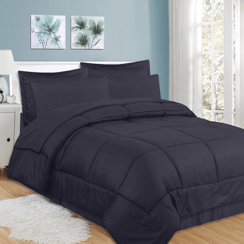 Sweet Home Collection Checkered Embossed 8-Piece Bed in a Bag Set - Navy - Queen