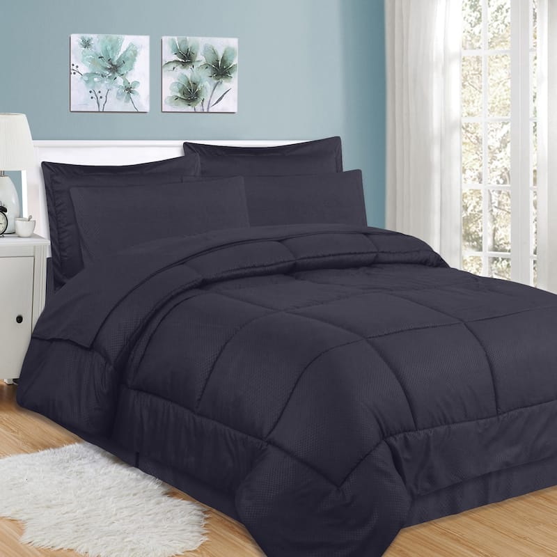 Sweet Home Collection Checkered Embossed 8-Piece Bed in a Bag Set - Navy - King