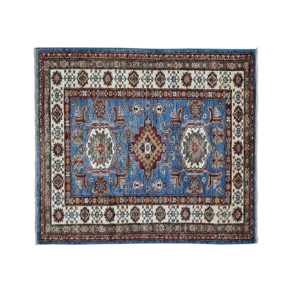 Shahbanu Rugs Blue Super Kazak Pure Wool Geometric Design Hand-Knotted Oriental Rug (3'3" x 5'0") - 3'3" x 5'0"
