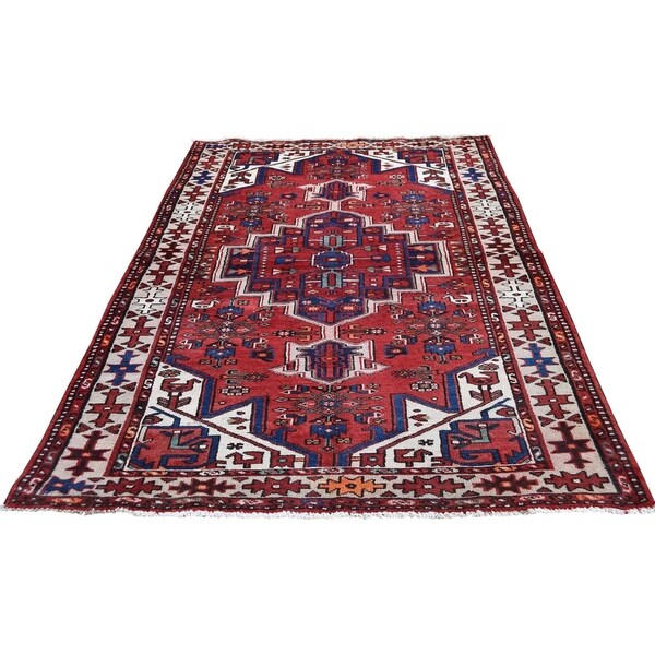 Shahbanu Rugs Vintage Bohemian Persian Hamadan With Birds Red Pure Wool Rug (3'6" x 6'9") - 3'6" x 6'9"