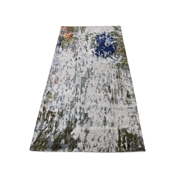 Shahbanu Rugs Hi-Low Pile Abstract Design Wool And Silk Runner Hand-Knotted Rug (2'7" x 8'0") - 2'7" x 8'0"