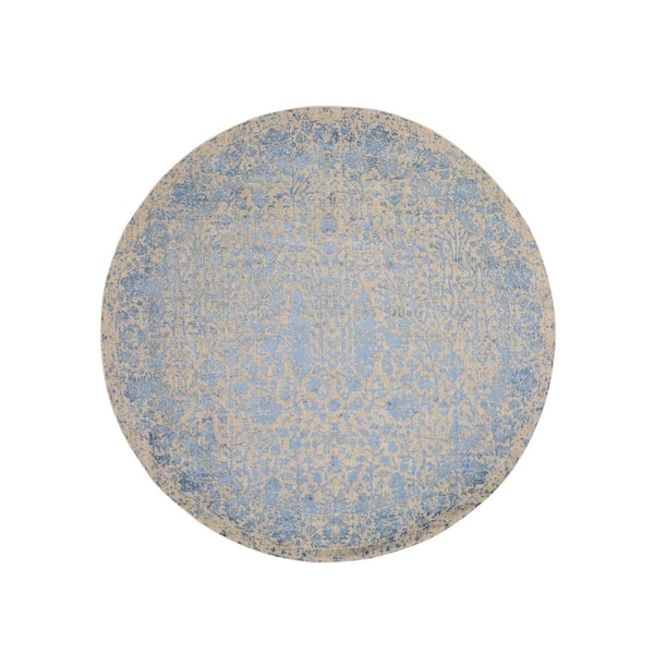 Shahbanu Rugs Round Blue Broken Cypress Tree Design Wool Silk Thick And Plush Rug (8'0" x 8'0") - 8'0" x 8'0"