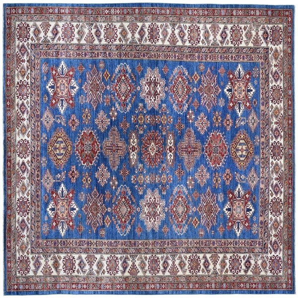 Shahbanu Rugs Blue Super Kazak Pure Wool Geometric Design Hand-Knotted Oriental Rug (9'1" x 12'0") - 9'1" x 12'0"