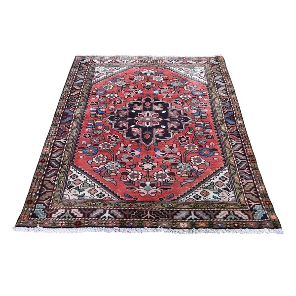 Shahbanu Rugs Vintage Bohemian Red Persian Lilahan Pure Wool Hand-Knotted Rug (3'6" x 5'1") - 3'6" x 5'1"
