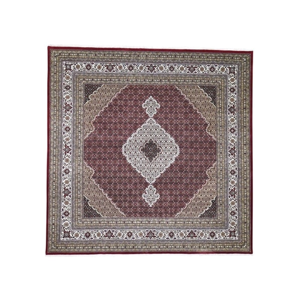 Shahbanu Rugs Red Tabriz Mahi Square Wool and Silk Hand Knotted Oriental Rug (8'9" x 8'9") - 8'9" x 8'9"