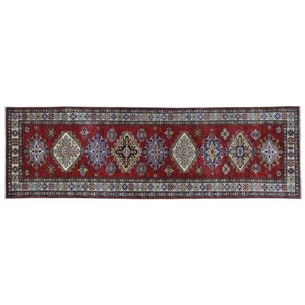 Shahbanu Rugs Super Kazak Red Geometric Design Hand-Knotted Runner Oriental Rug (2'7" x 9'3") - 2'7" x 9'3"