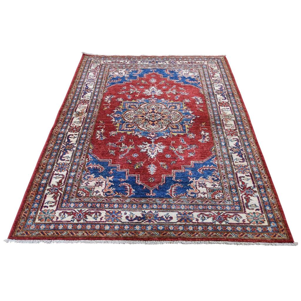 Shahbanu Rugs Super Kazak Pure Wool Red Geometric Design Hand-Knotted Oriental Rug (4'0" x 6'1") - 4'0" x 6'1"