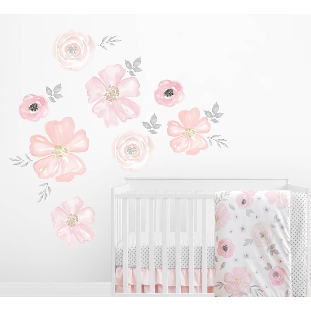 Sweet Jojo Designs Blush Pink Grey White Watercolor Floral Collection Peel and Stick Wall Mural Decal Sticker Art Nursery Decor