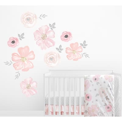 Sweet Jojo Designs Blush Pink Grey White Watercolor Floral Collection Peel and Stick Wall Mural Decal Sticker Art Nursery Decor