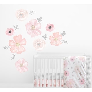 Sweet Jojo Designs Blush Pink Grey White Watercolor Floral Collection Peel and Stick Wall Mural Decal Sticker Art Nursery Decor