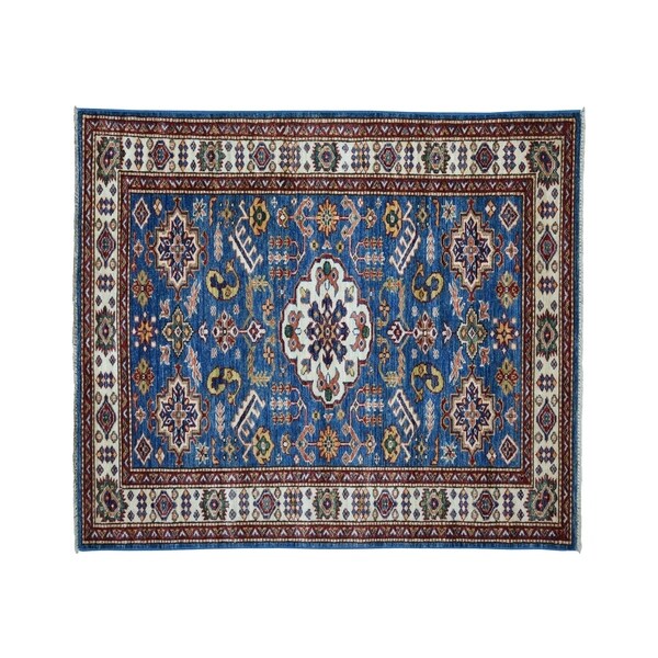 Shahbanu Rugs Super Kazak Pure Wool Blue Geometric Design Hand-Knotted Oriental Rug (3'3" x 5'2") - 3'3" x 5'2"