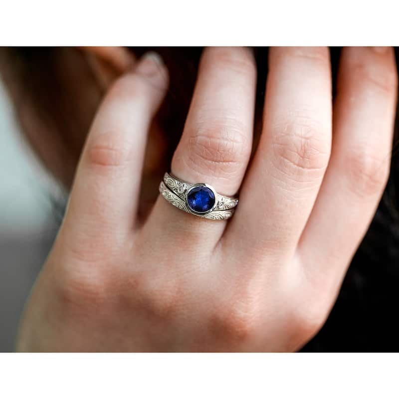 Annello by Kobelli 14k White Gold 1 1/10ct TGW Blue Sapphire Bezel Low Setting Vintage Bridal Rings Set