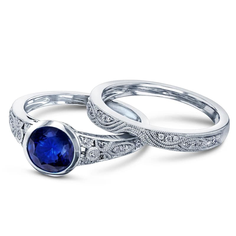 Annello by Kobelli 14k White Gold 1 1/10ct TGW Blue Sapphire Bezel Low Setting Vintage Bridal Rings Set
