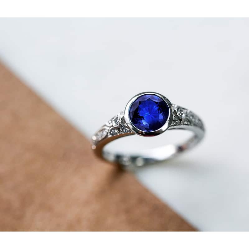 Annello by Kobelli 14k White Gold 1 1/10ct TGW Blue Sapphire Bezel Low Setting Vintage Bridal Rings Set