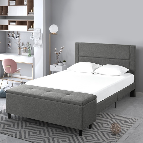 Copper Grove Krolevets Upholstered Grey Platform Bed with Cushioned Headboard and Storage Ottoman. Opens flyout.