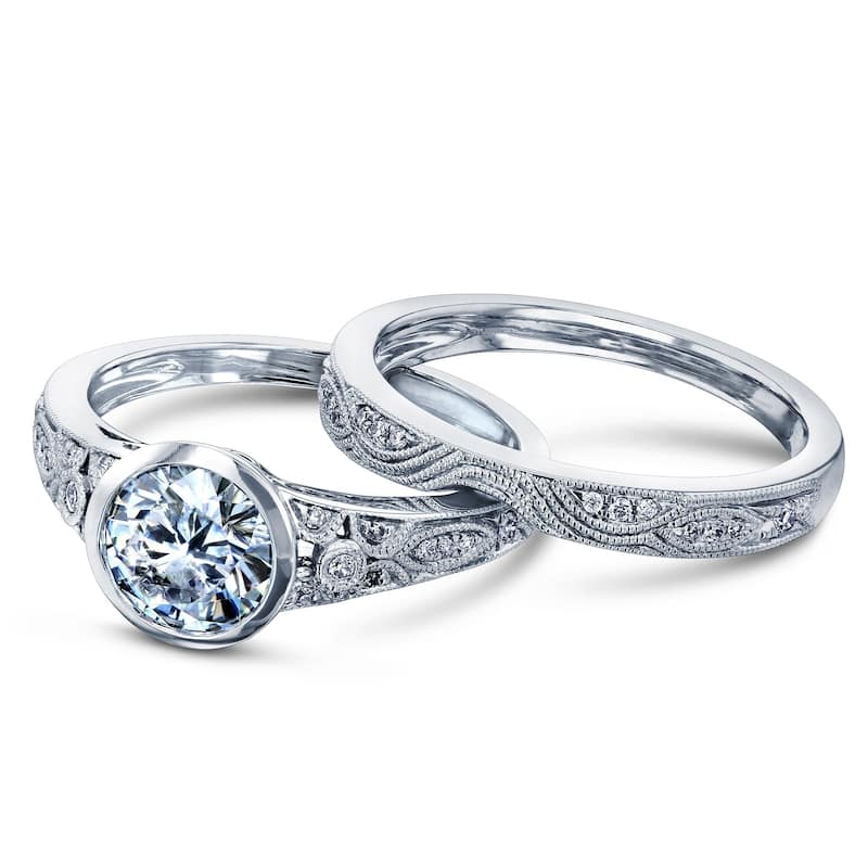 Kobelli 1.12 Carat Natural Diamonds 14k Solid White Gold Low Setting Vintage Bezel Lucille 2pc Bridal Set