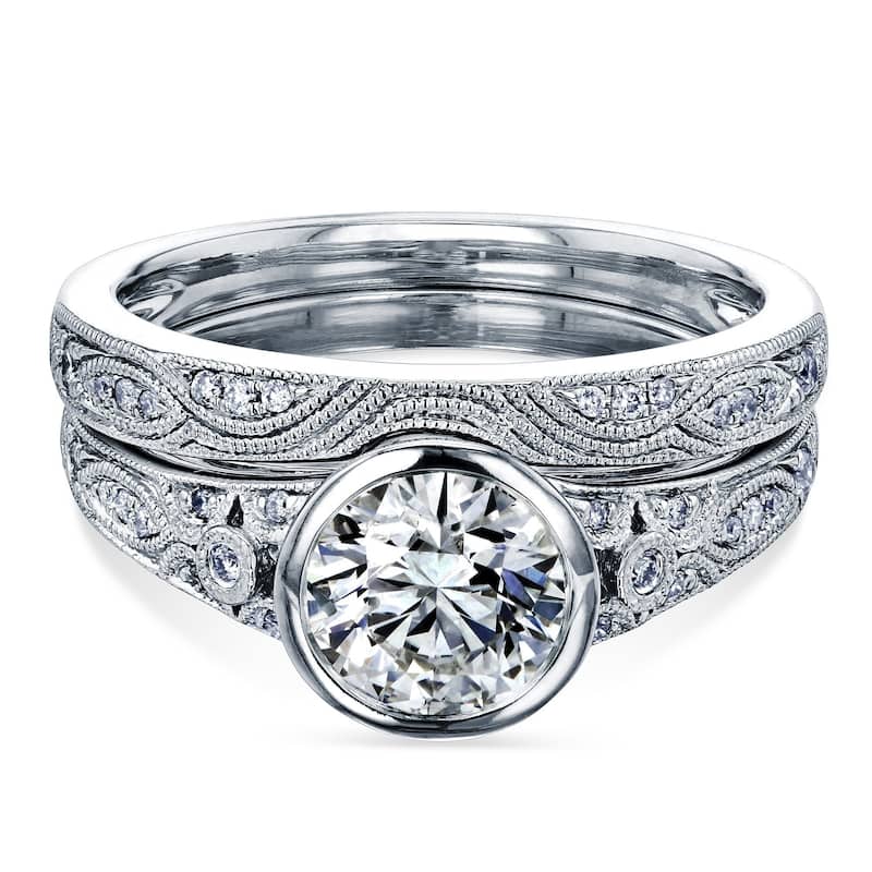 Kobelli 1.12 Carat Natural Diamonds 14k Solid White Gold Low Setting Vintage Bezel Lucille 2pc Bridal Set