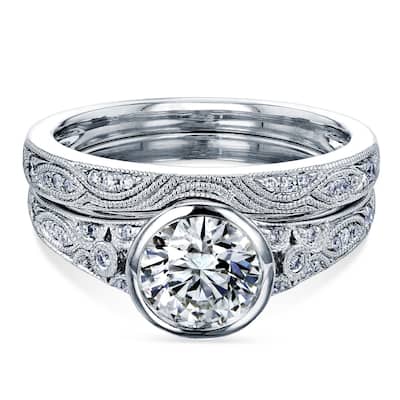 Kobelli 1.12 Carat Natural Diamonds 14k Solid White Gold Low Setting Vintage Bezel Lucille 2pc Bridal Set