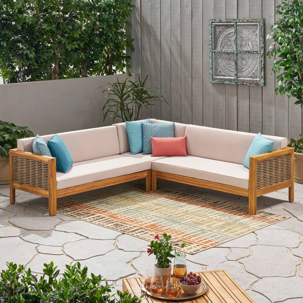 Linwood Outdoor 5-seat Wood/ Wicker Sectional Sofa by Christopher Knight Home