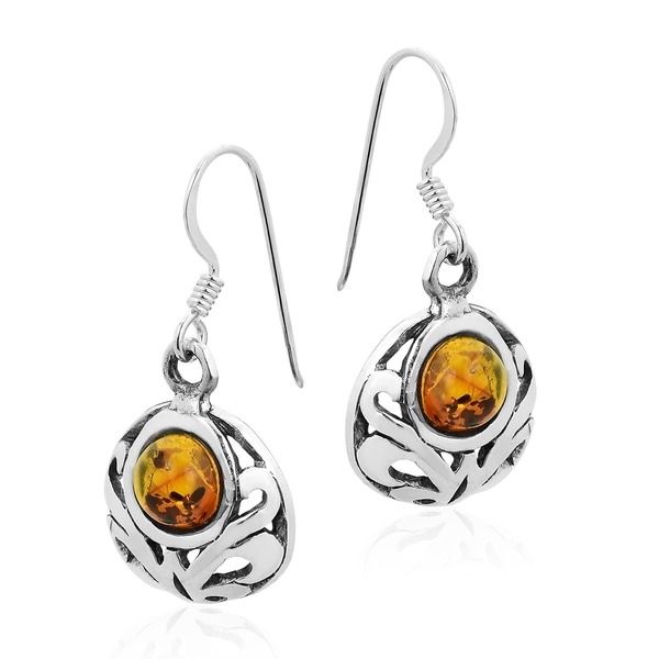Sterling Silver Amber Round Dangle Earrings