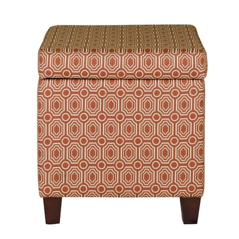 Geometric Patterned Square Wooden Ottoman with Lift Off Lid Storage, Orange and Cream