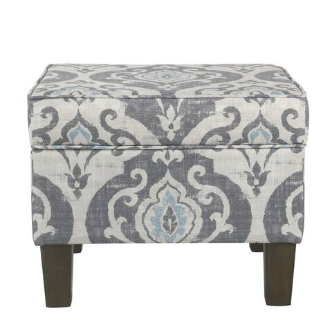 Wooden Ottoman with Patterned Fabric Upholstery and Hidden Storage, Gray and Blue