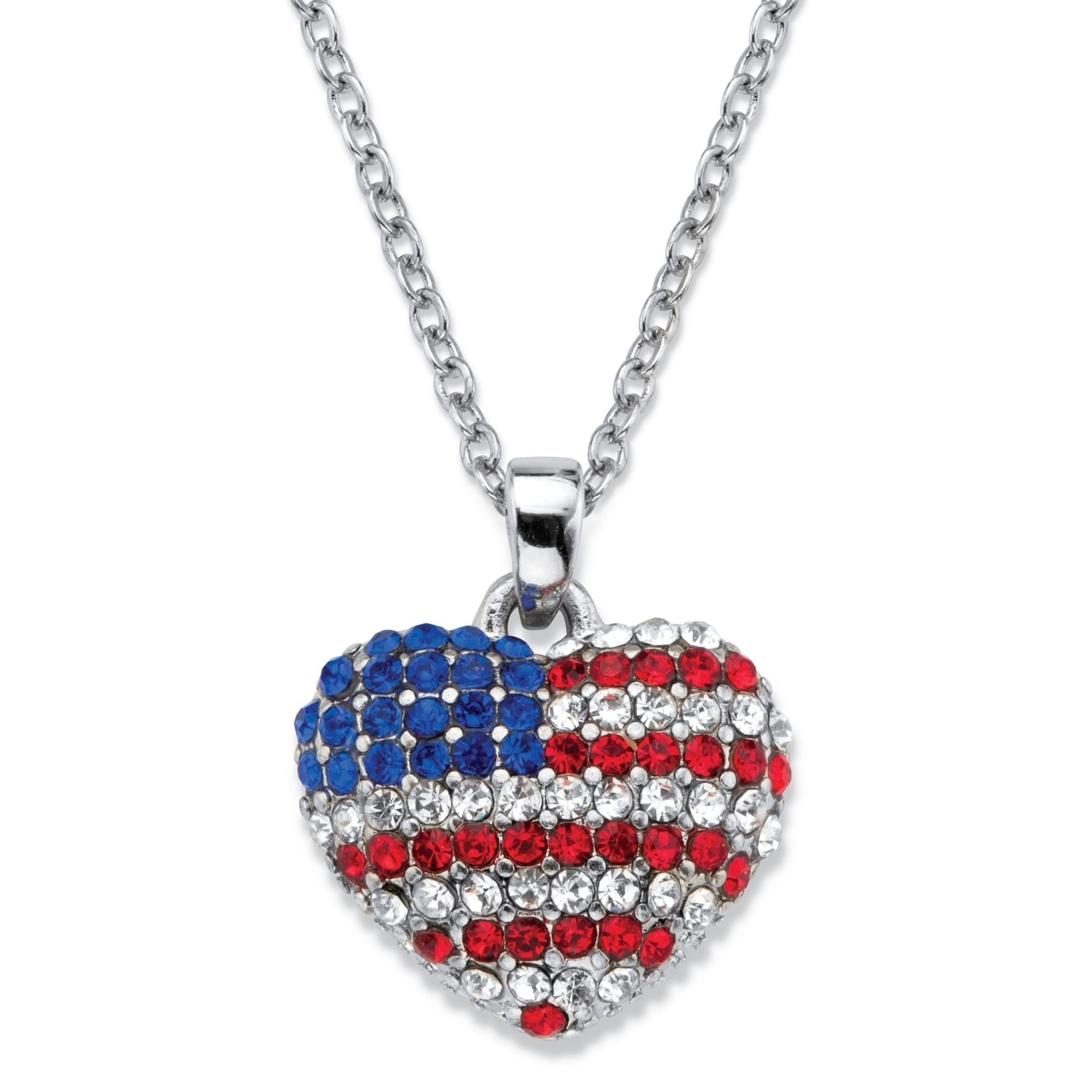 USA Labor Day American Flag Enamel Blue & Red Crystal Rhinestone Heart Necklaces