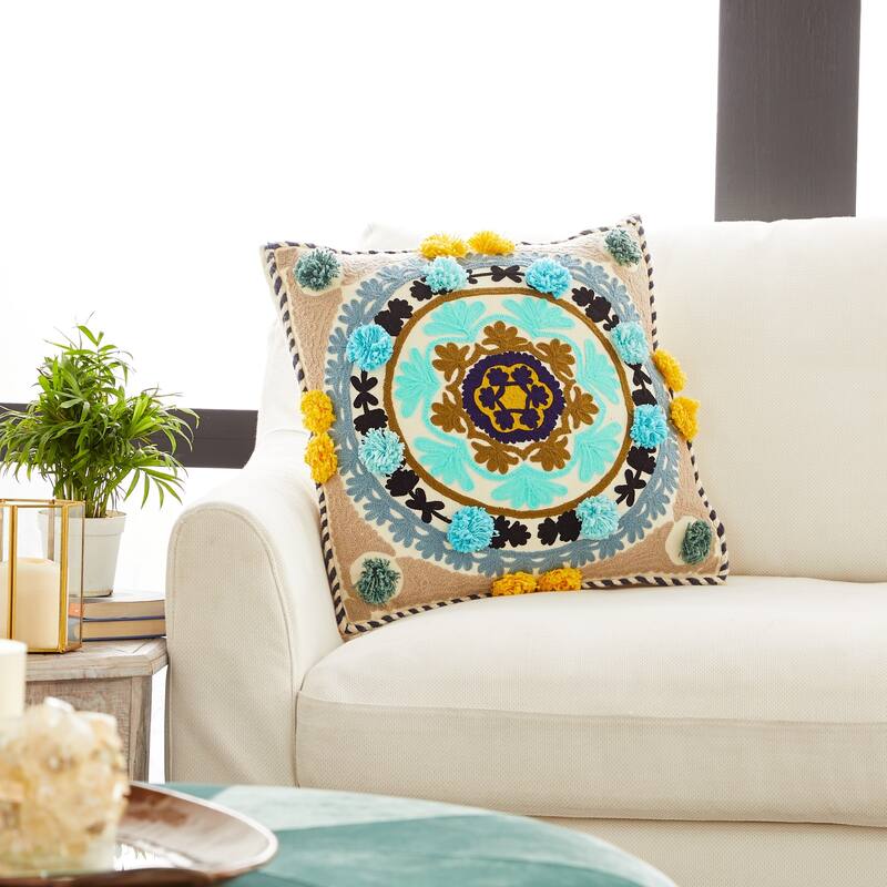 Decorative Throw Pillow w/ Eclectic Mandala Embroidery 20"