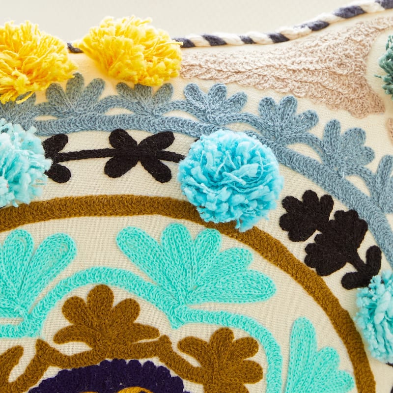 Decorative Throw Pillow w/ Eclectic Mandala Embroidery 20"