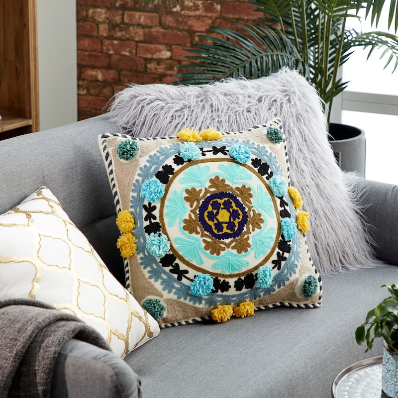 Decorative Throw Pillow w/ Eclectic Mandala Embroidery 20" - 20 x 22