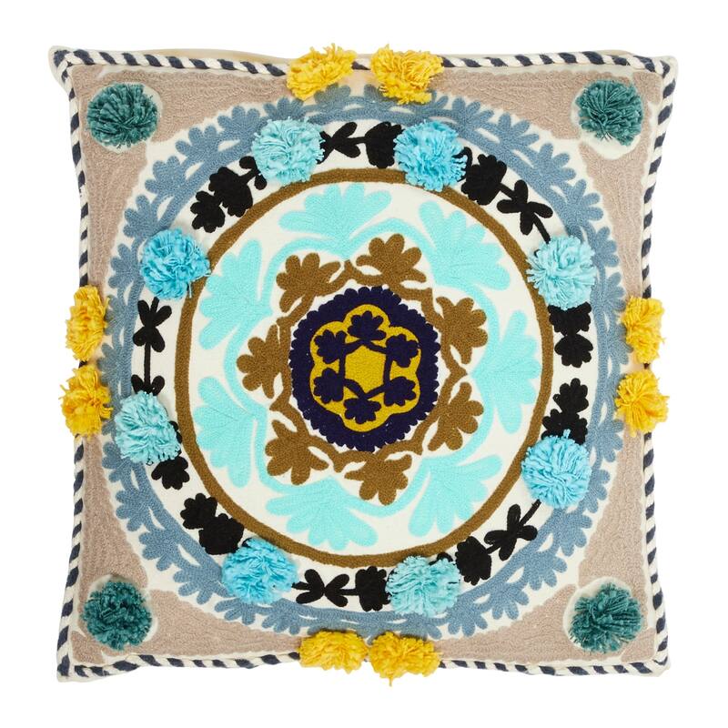Decorative Throw Pillow w/ Eclectic Mandala Embroidery 20"