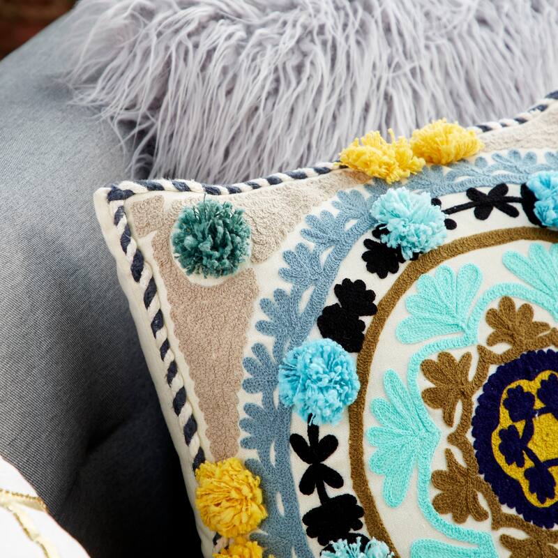 Decorative Throw Pillow w/ Eclectic Mandala Embroidery 20"