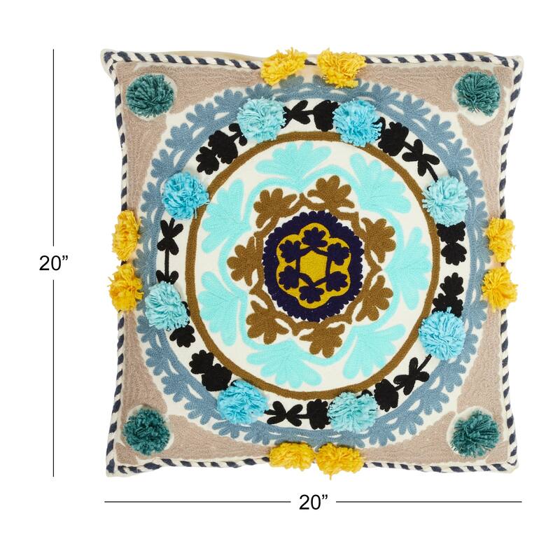 Decorative Throw Pillow w/ Eclectic Mandala Embroidery 20"