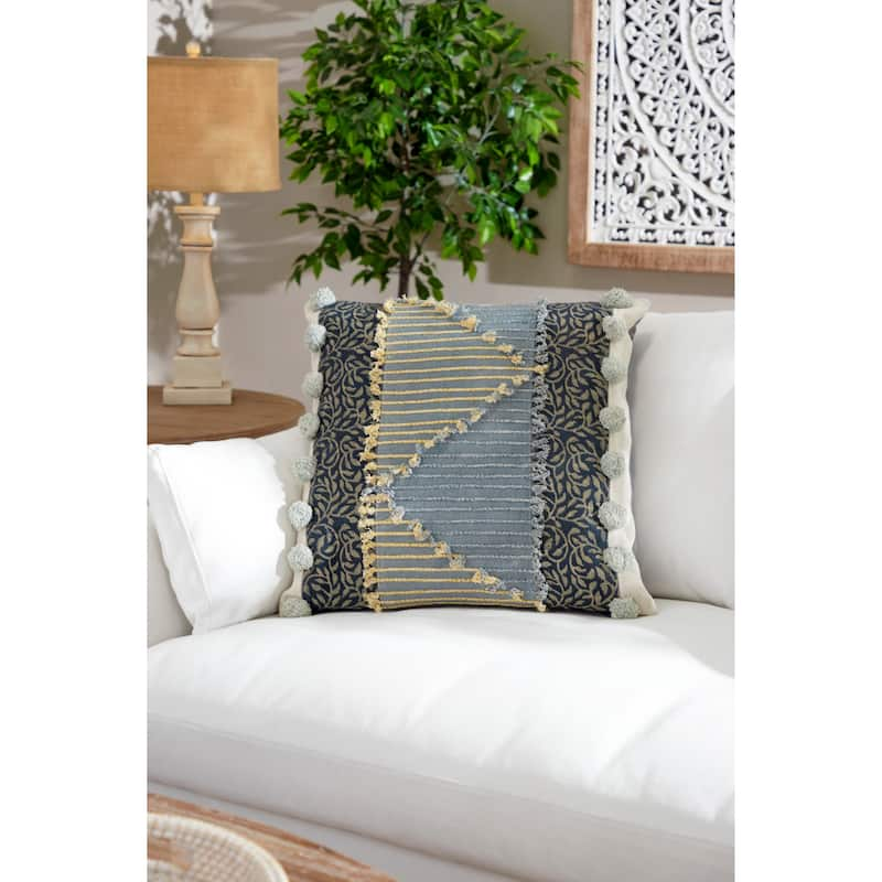 Multi-Patterned Decorative Throw Pillow w/ Pompoms & Rope Detail - 24 x 14