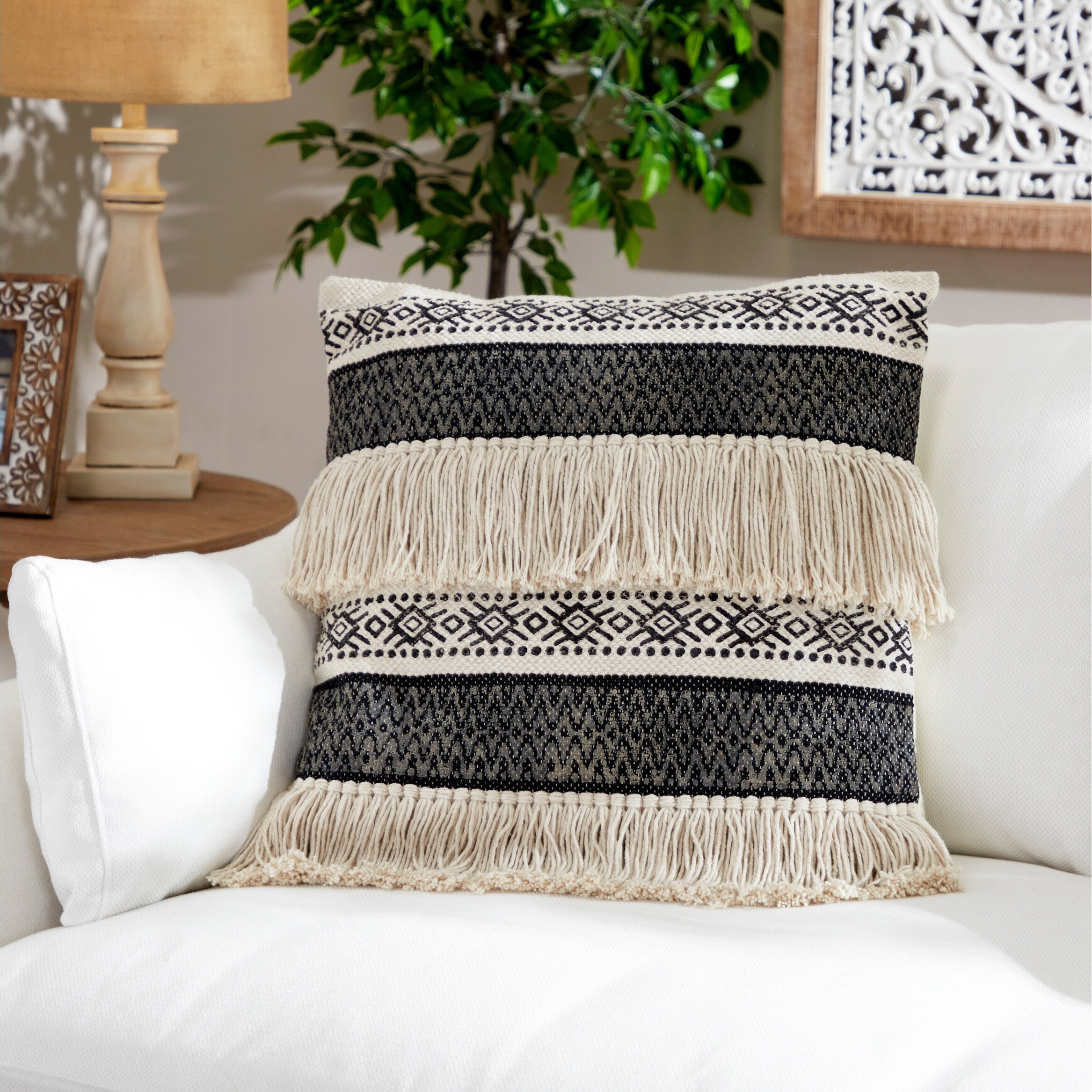 100% Cotton Pillow Braids Embroidery Throw Pillow Zipper Closer Fringes at corners Modern Design Lumber Throw Pillow Livingroom Décor