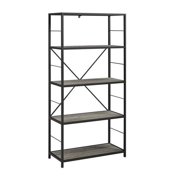 60" Rustic Metal and Wood Media Bookshelf Grey Wash Overstock