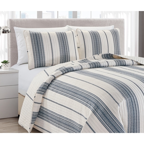 Striped Quilt Set Bedspread Sham Blue Reversible Blanket