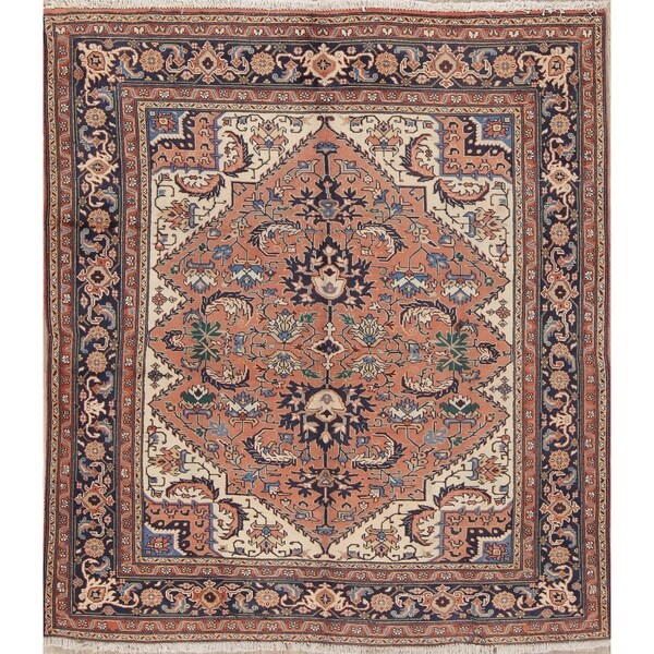 Vintage Heriz serapi Tribal Hand-Knotted Wool Persian Oriental Rug - 7'3" x 6'4"