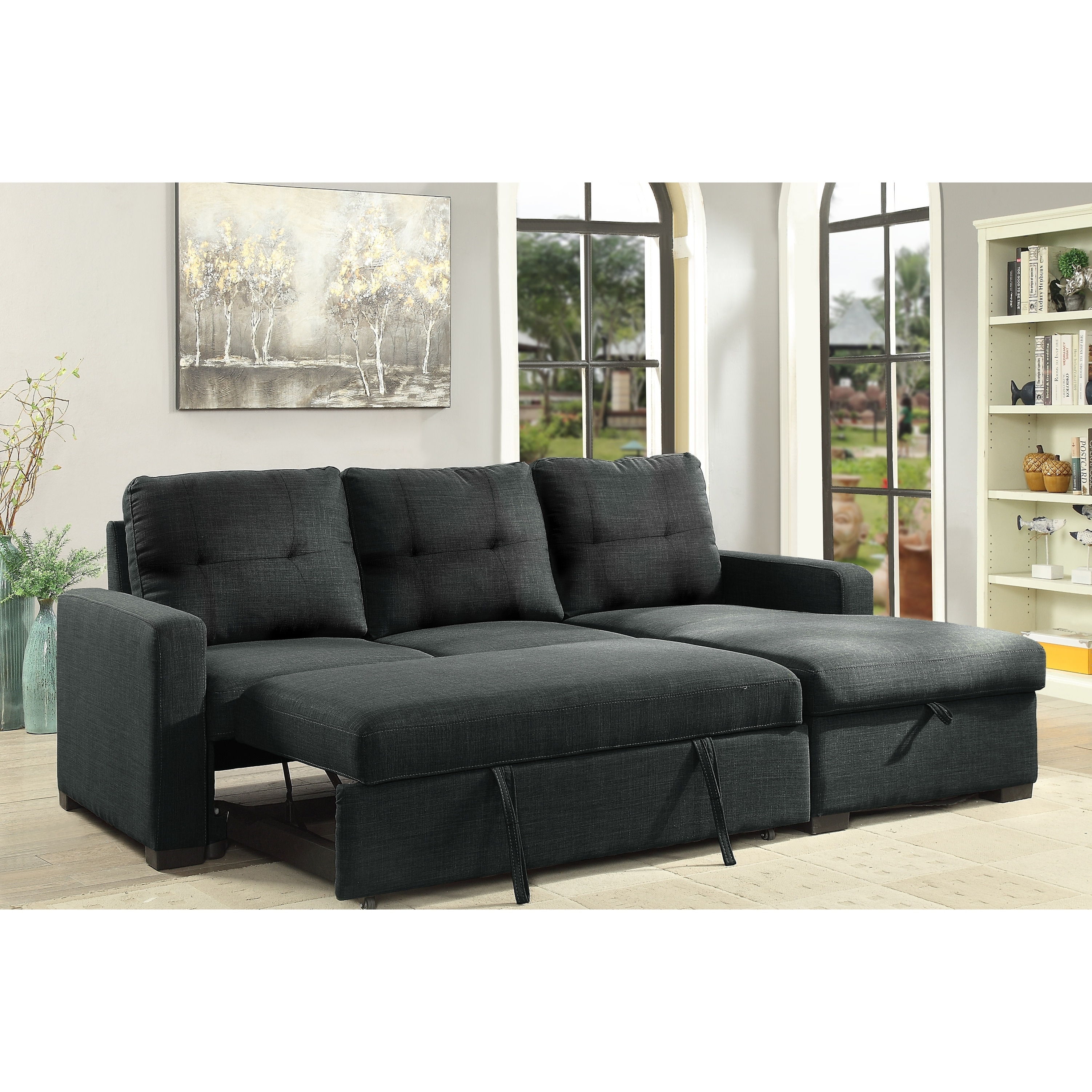 Boris Sectional with Pull Out Bed & Storage Chaise, Grey   On Sale 