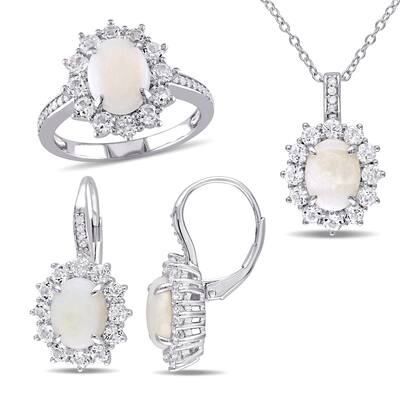Miadora Sterling Silver Opal White Topaz and 1/6ct TDW Diamond Halo Jewelry Set