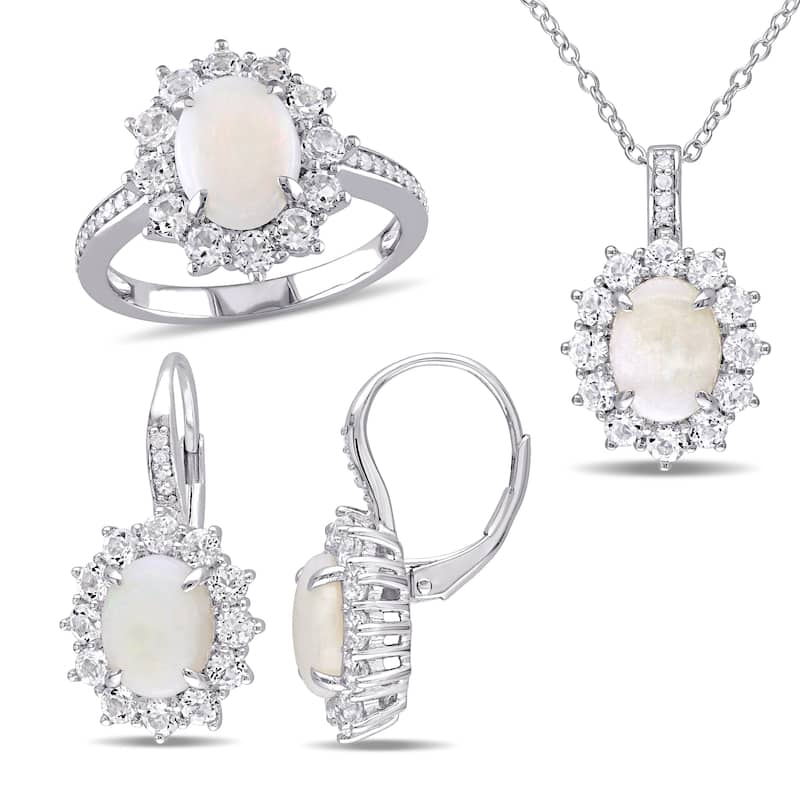 Miadora Sterling Silver Opal White Topaz and 1/6ct TDW Diamond Halo Jewelry Set