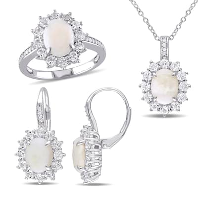 Miadora Sterling Silver Opal White Topaz and 1/6ct TDW Diamond Halo Jewelry Set