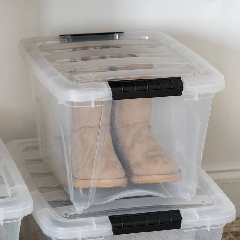 IRIS 19 Quart Stack & Pull Box, 6 Pack, Clear with Black Handles