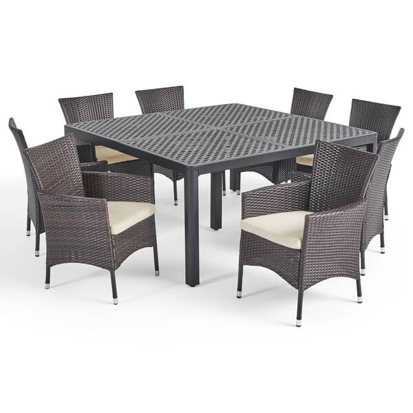 Shop Bragdon Outdoor 8 Seater Aluminum And Wicker Dining Set By Christopher Knight Home Overstock 27992556 Gloss Black Multibrown Beige