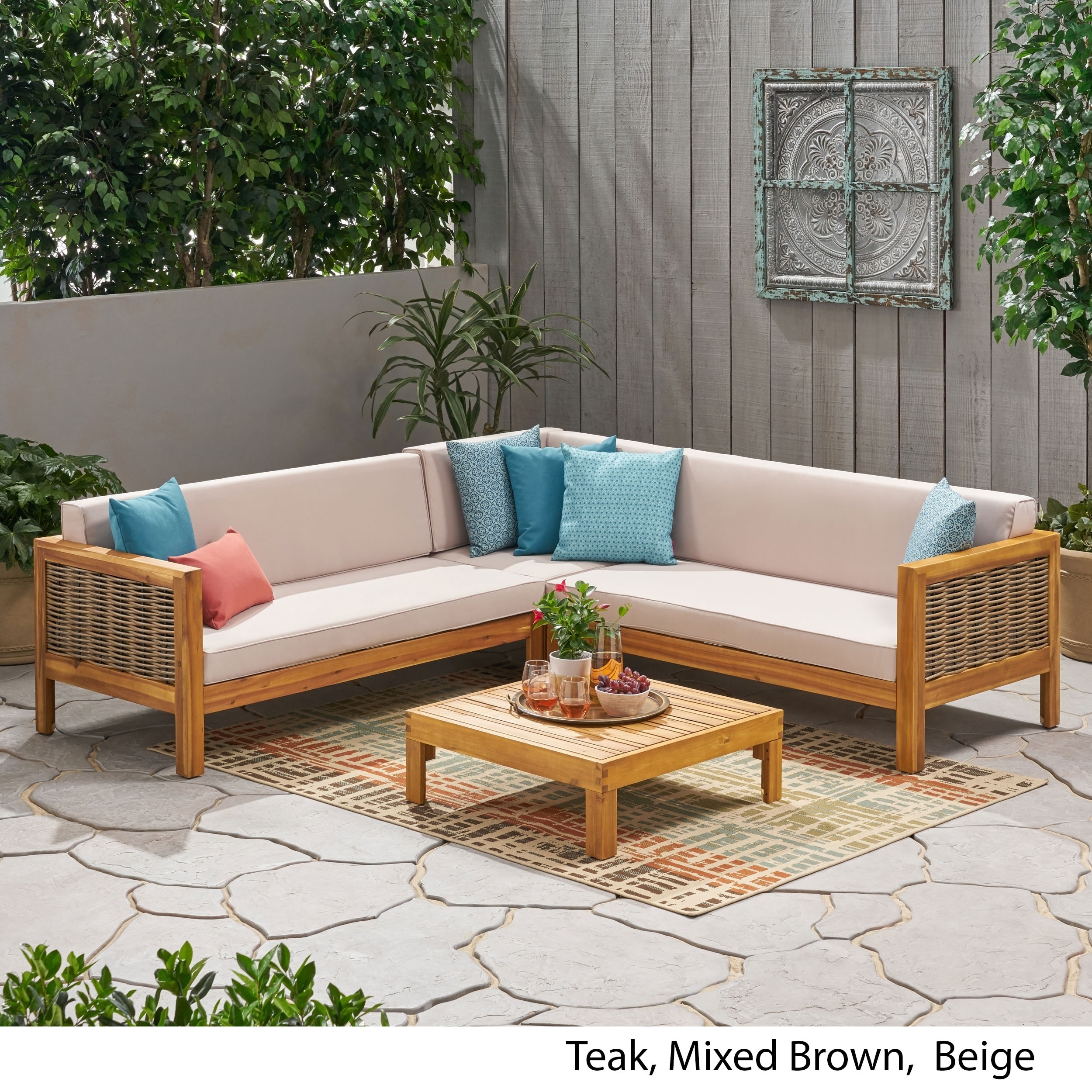 Linwood Outdoor 5 Seater Wood And Wicker Sectional Sofa And Coffee Table Set By Christopher Knight Home