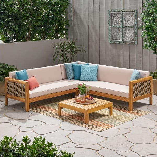 Linwood Outdoor 5 Seater Wood and Wicker Sectional Sofa and Coffee ...