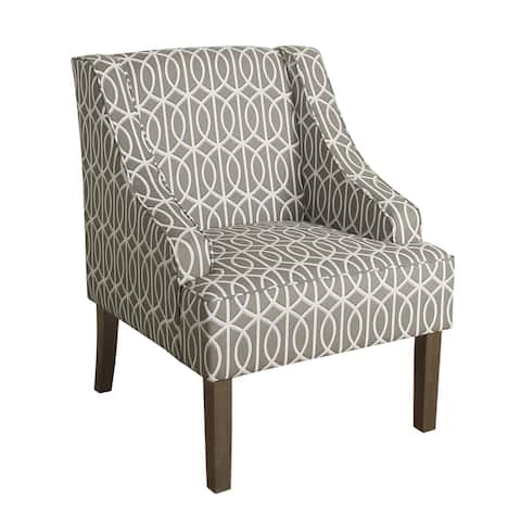 Fabric Upholstered Wooden Accent Chair with Trellis Pattern Design, Gray, White and Brown