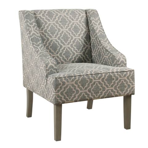 Trellis Pattern Fabric Upholstered Wooden Accent Chair with Swooping Armrests, Gray, White and Brown