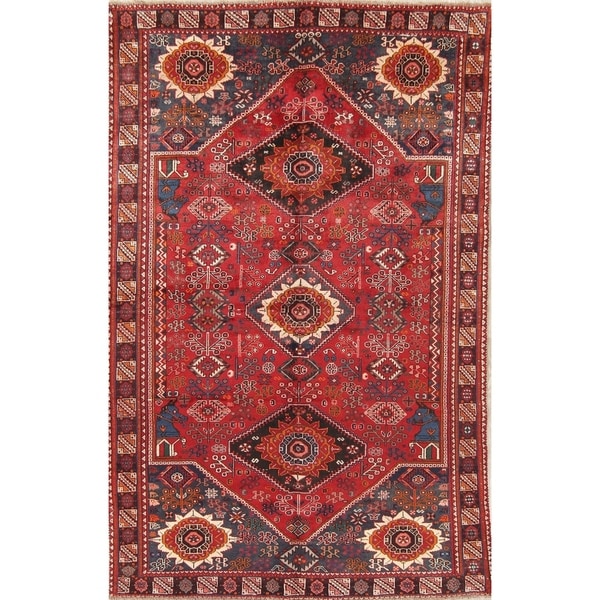 Vintage Shiraz Tribal Geometric Hand-Knotted Wool Persian Area Rug - 9'10" x 6'3"