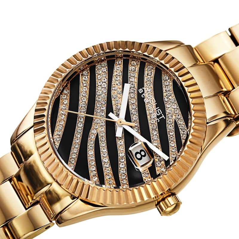 August Steiner Women's Zebra Pattern Date Leather Strap Watch - Gold